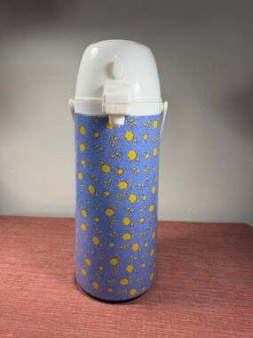Vintage Retro Floral Pump Airpot Beverage Dispenser Blue Yellow